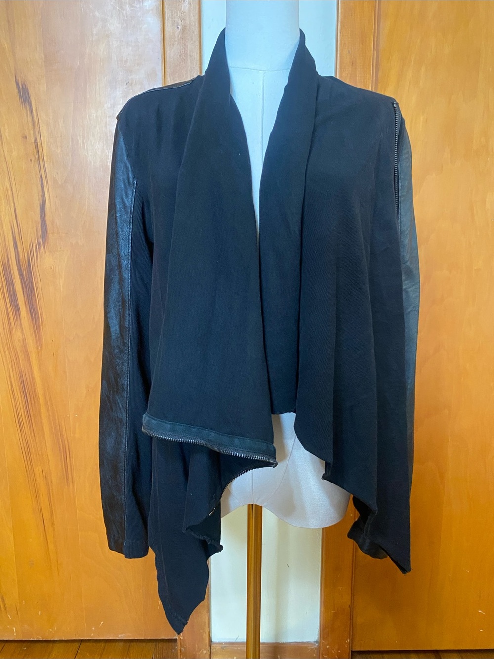 Blank NYC Black Draped Open-Front Jacket 100% Cotton Knit & Faux Leather Moto
